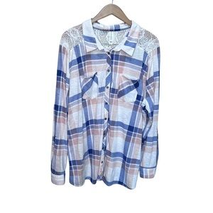 Warehouse One Plaid Button Down Shirt Floral Lace